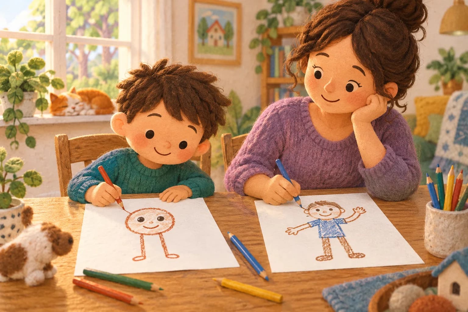 Un enfant et un parent dessinent côte à côte des bonshommes simples, dont un personnage qui lève la main.