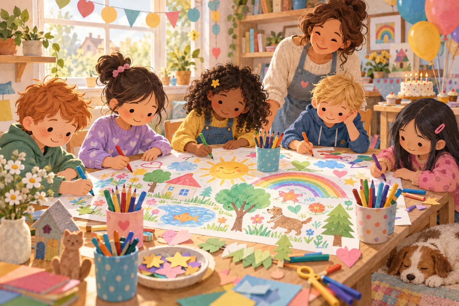Des enfants dessinent et colorient ensemble autour d’une table pour un anniversaire créatif