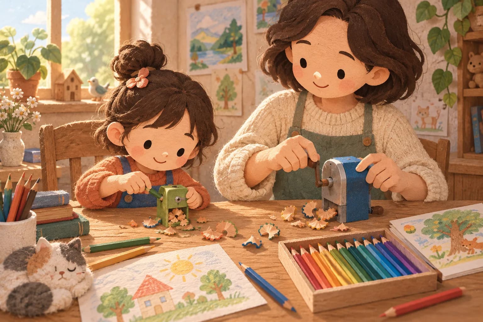 Un enfant taille un crayon de couleur avec un adulte près d’une boîte de crayons