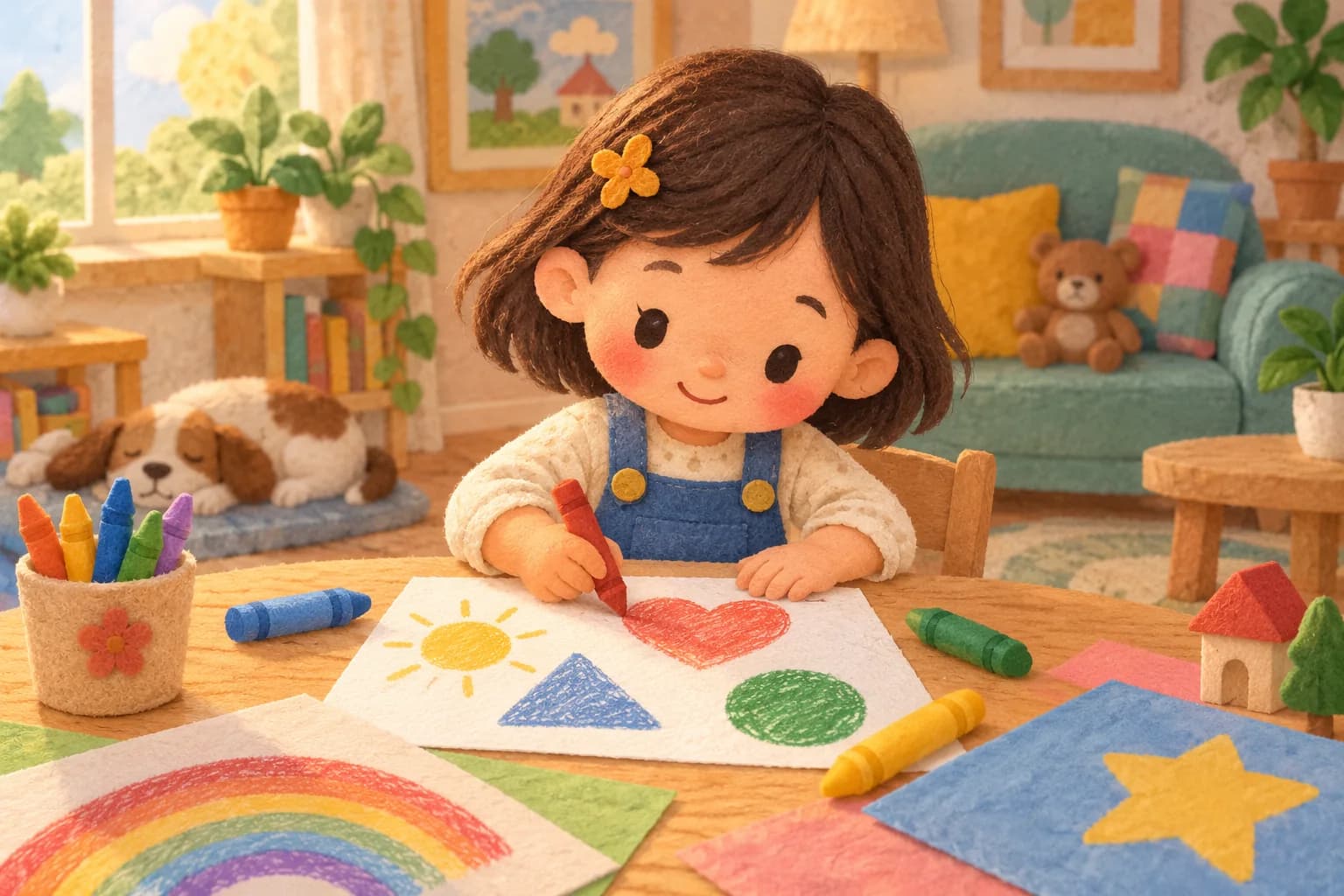 Un jeune enfant colorie de grandes formes avec des crayons sur une petite table