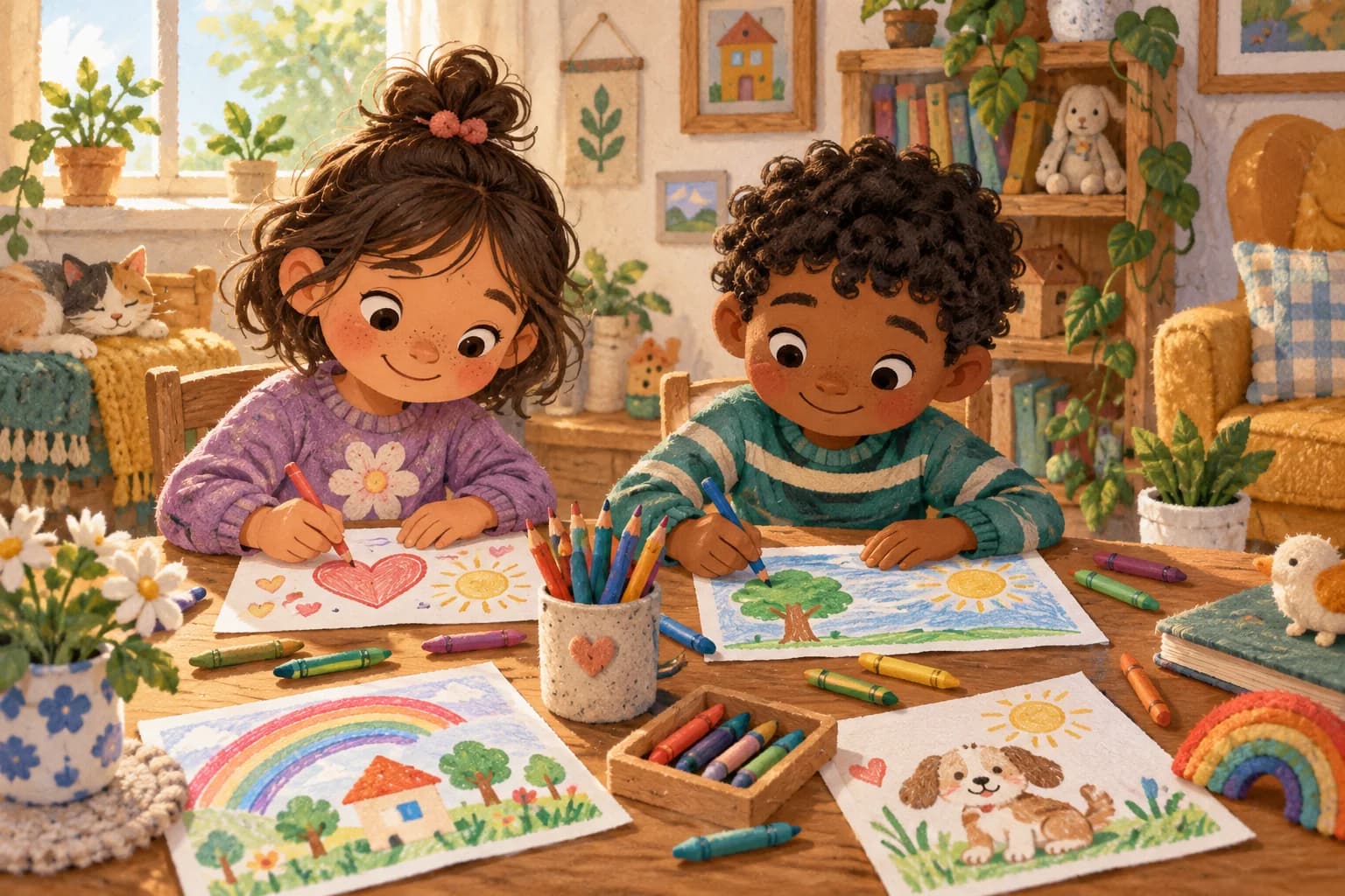 Deux enfants de 6 à 8 ans colorient ensemble à une table