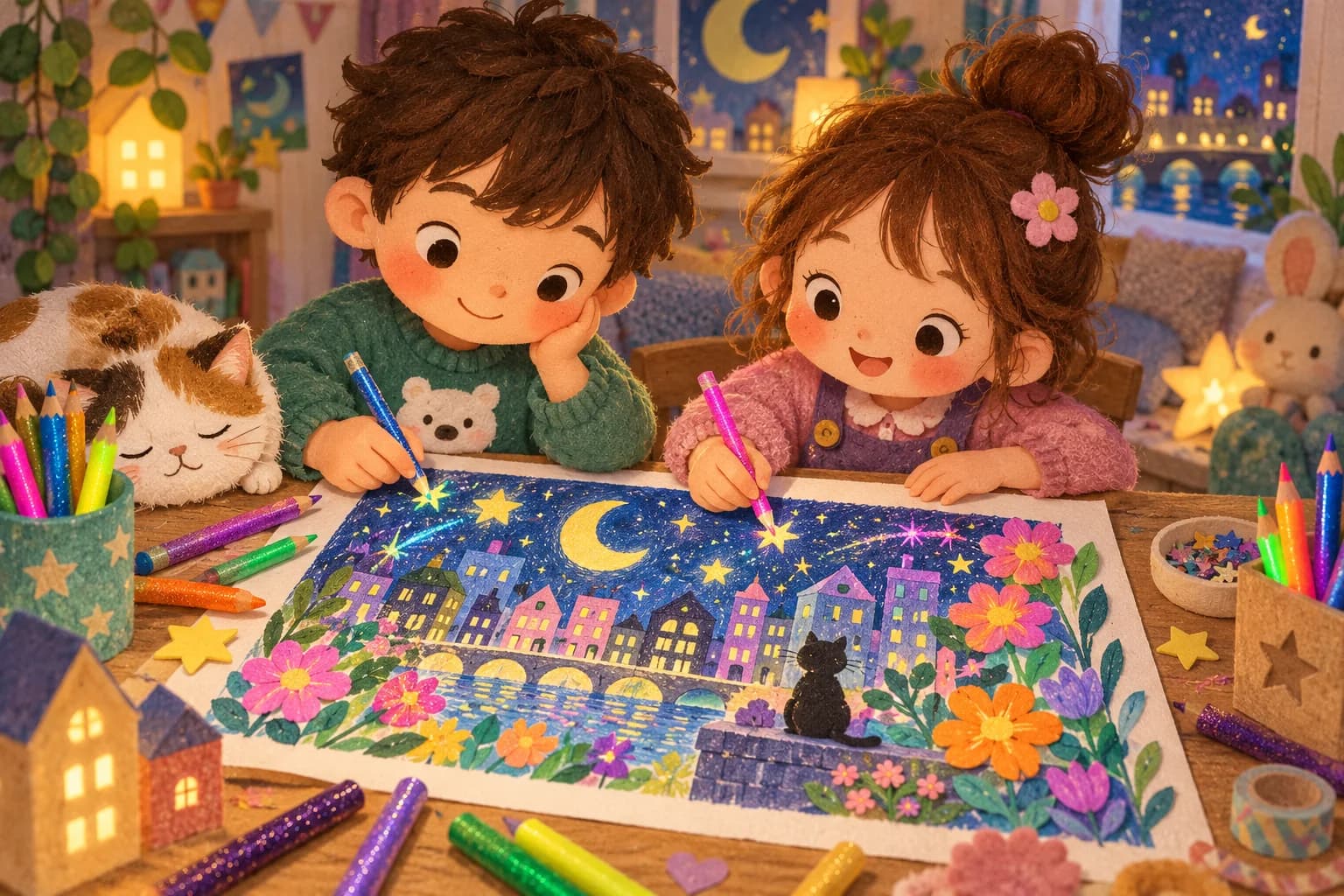 Deux enfants colorient ensemble un dessin avec des crayons pailletés et fluos