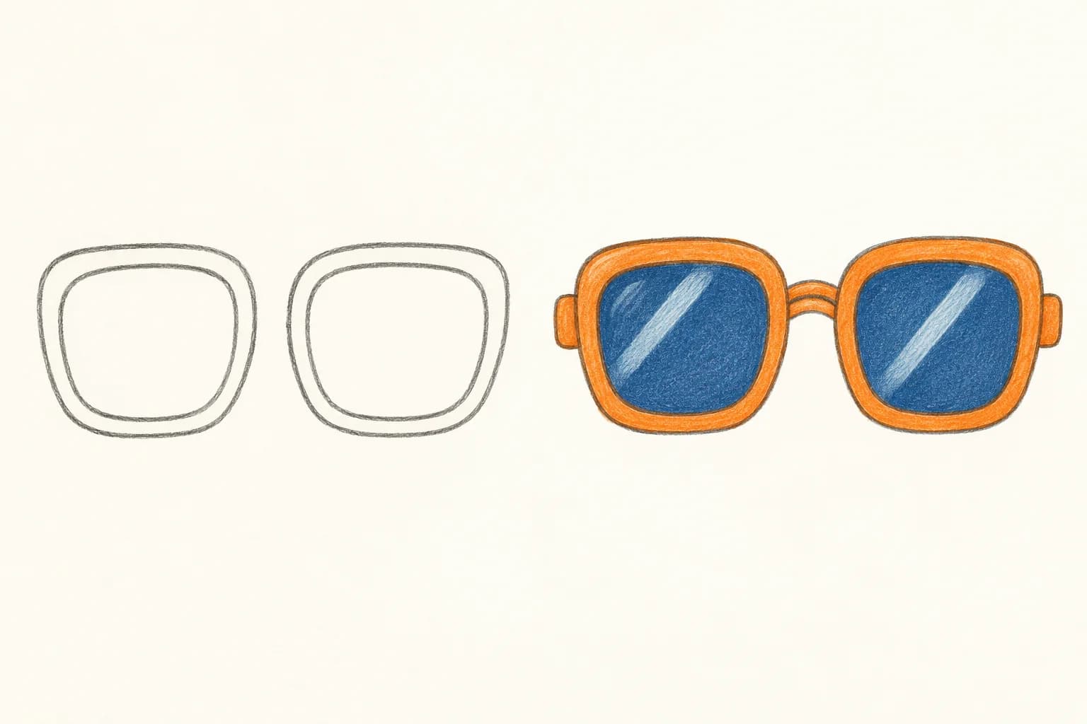 Deux étapes de dessin : les contours des lunettes, puis la paire terminée avec une monture orange et des verres bleus.