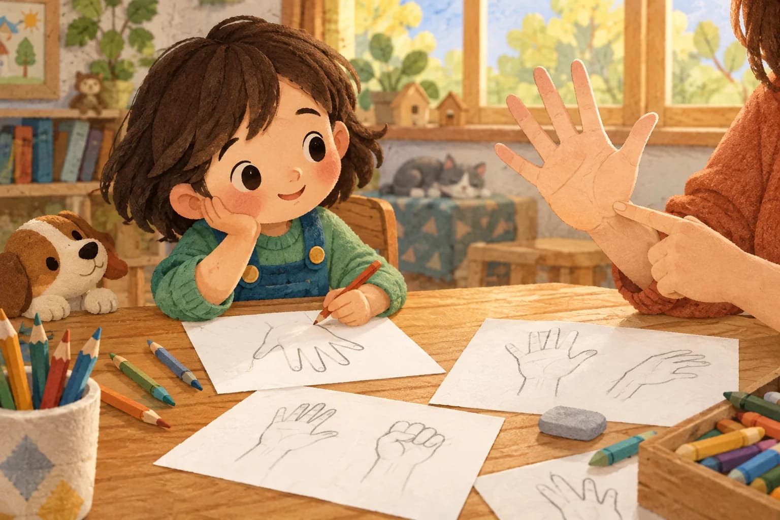 Enfant dessinant plusieurs positions de mains sur une feuille