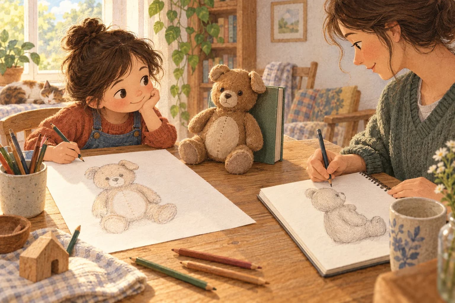 Un enfant et un adulte dessinent le même ours en peluche depuis deux places différentes autour d’une table.