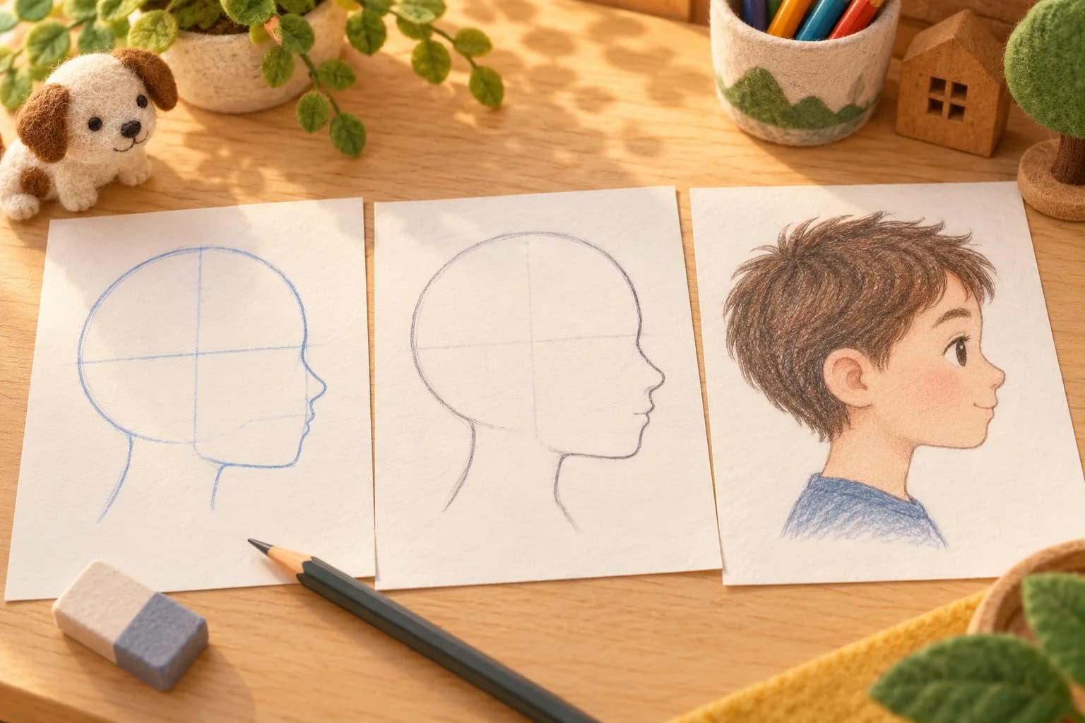 Trois dessins montrent la construction d’une tête de profil, du cercle de départ au portrait terminé.
