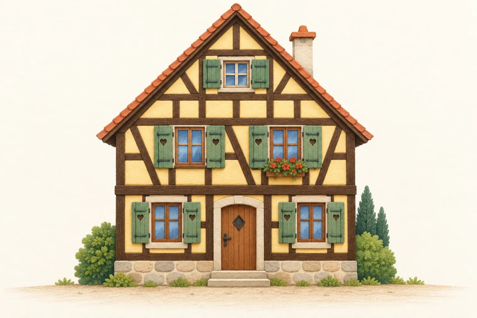 Maison alsacienne vue de face, avec colombages bruns, murs jaune pâle, toit pentu et volets verts.