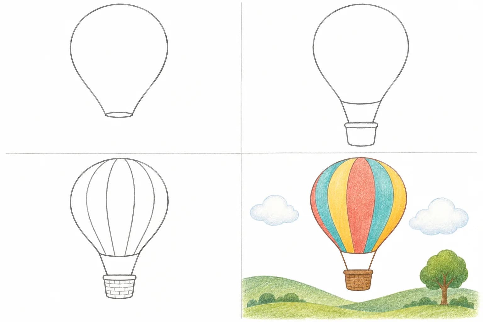 Quatre étapes illustrées pour dessiner une montgolfière, du contour du ballon au coloriage avec un paysage.