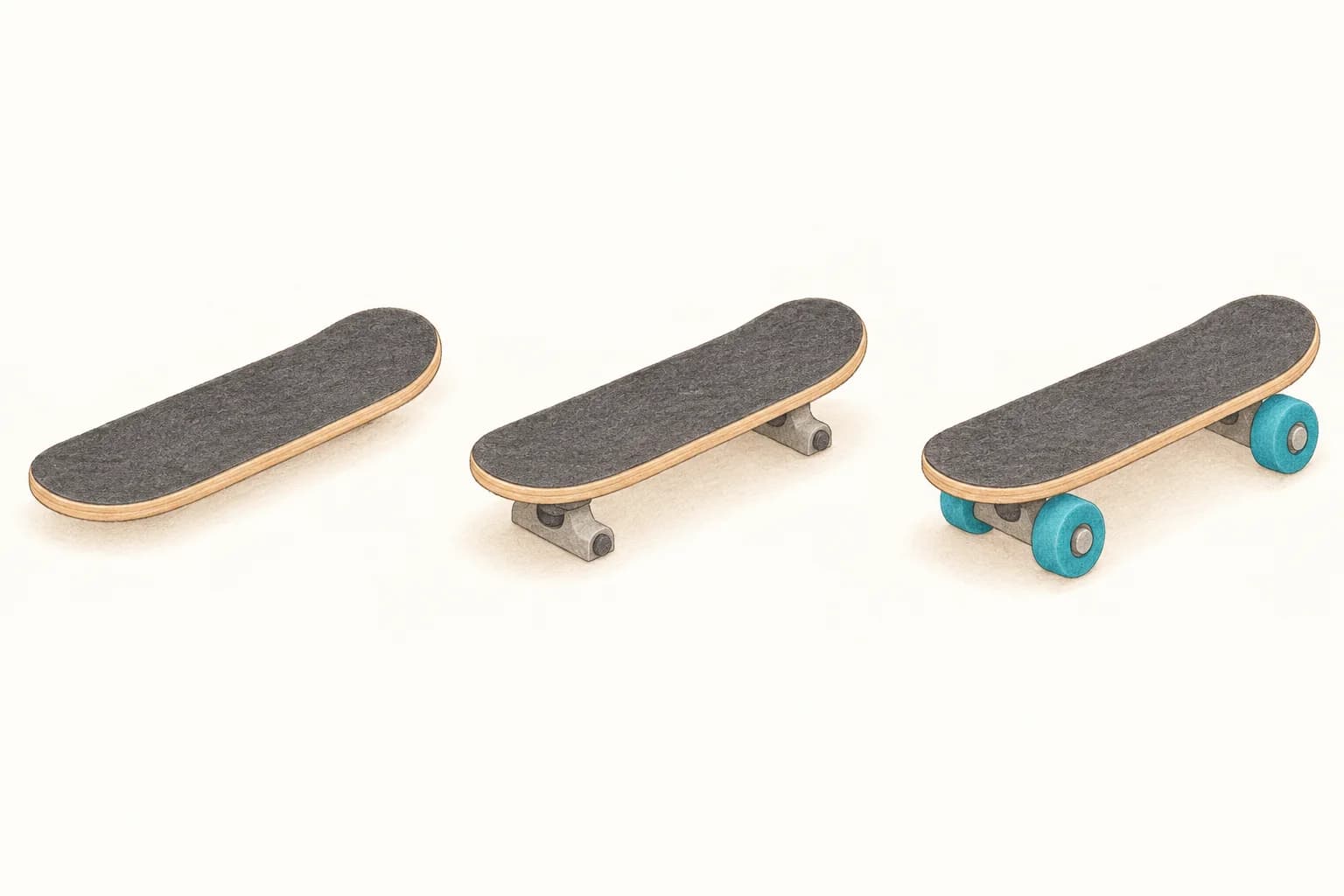 Trois étapes dessinées : le plateau du skate, ses supports, puis les roues et les couleurs.
