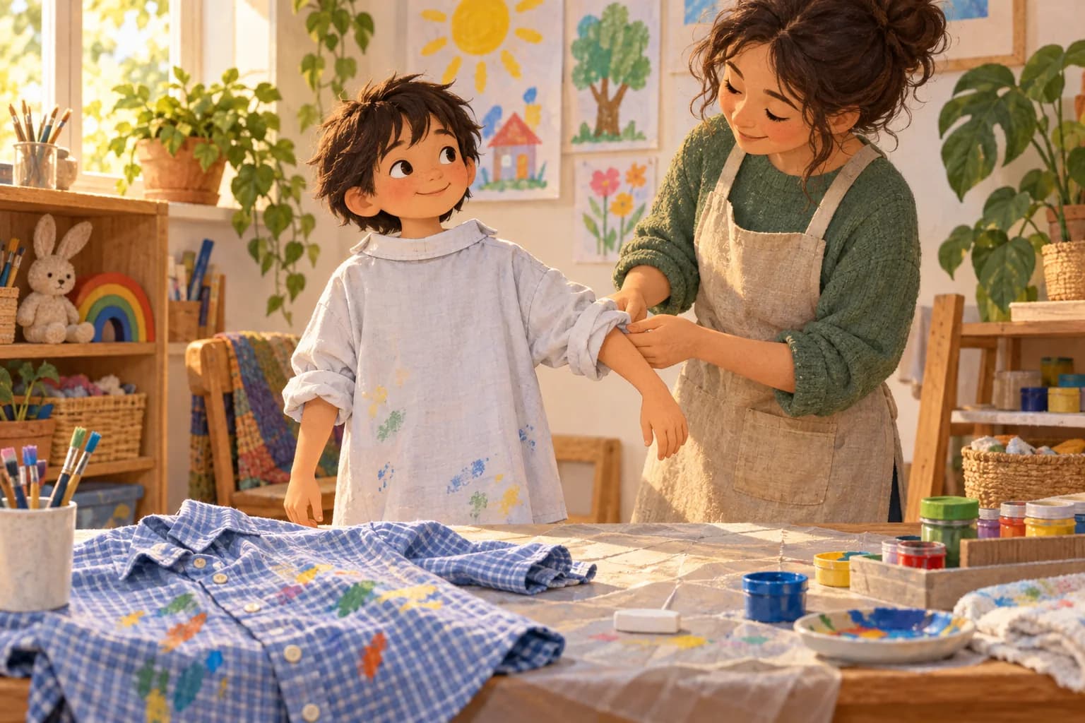Un enfant porte une vieille chemise en tablier de peinture pendant qu’un parent ajuste sa manche.