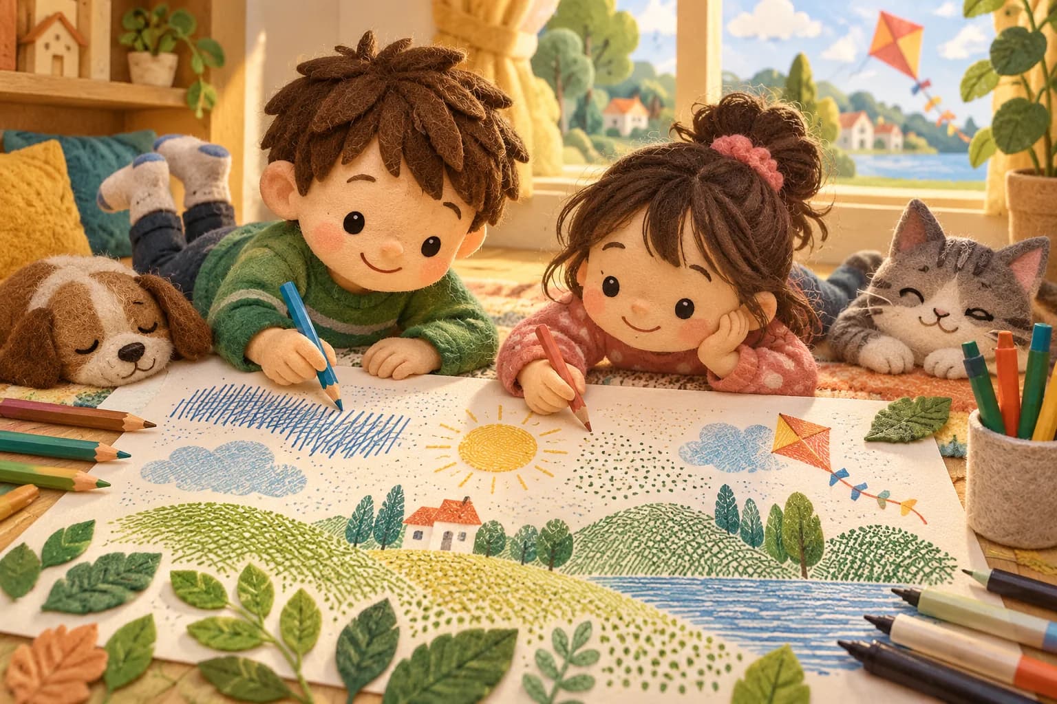 Deux enfants testent des hachures et des points sur un dessin coloré