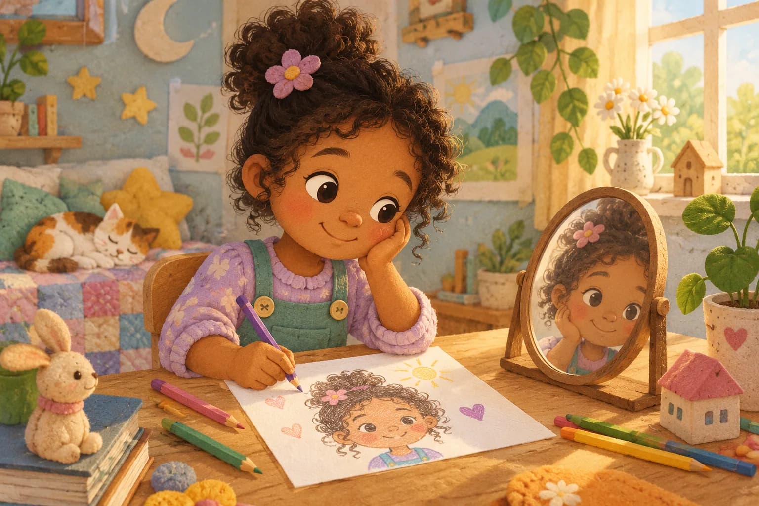 Un enfant dessine son autoportrait devant un petit miroir