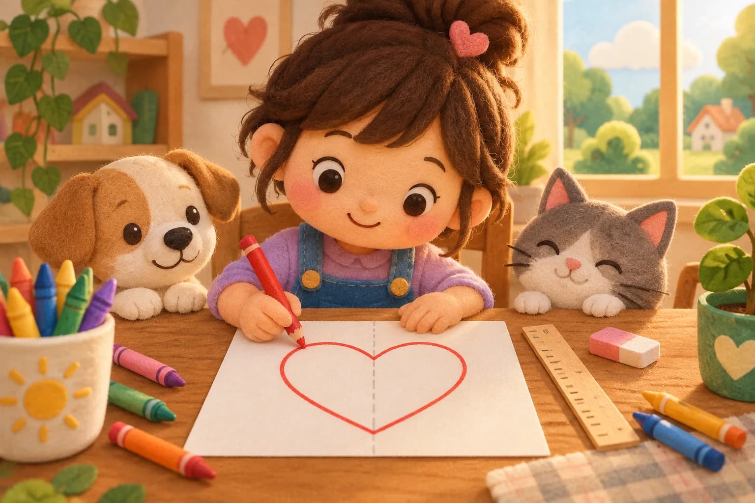 Enfant dessinant un cœur symétrique avec une règle et des crayons