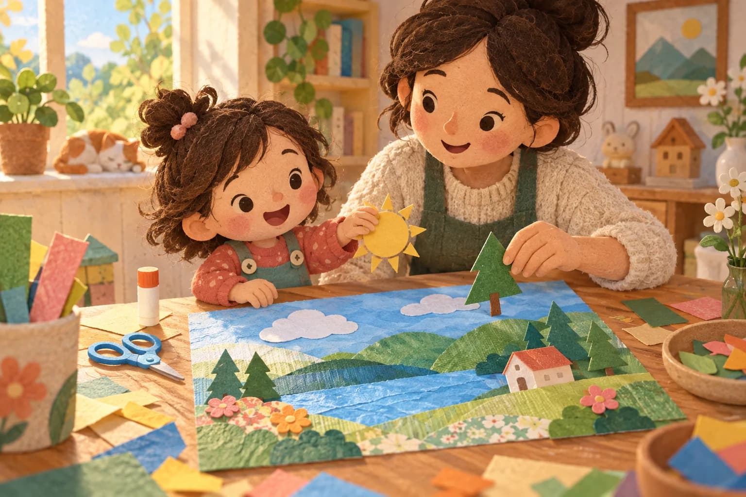 Un enfant et un parent créent un collage coloré avec des papiers découpés