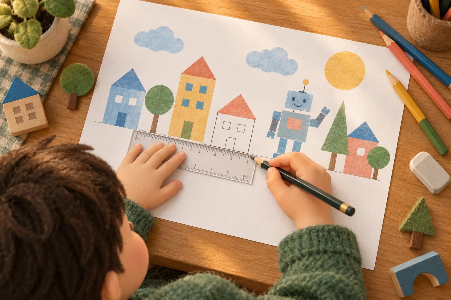 Un enfant trace à la règle une ville de formes géométriques, partiellement coloriée.
