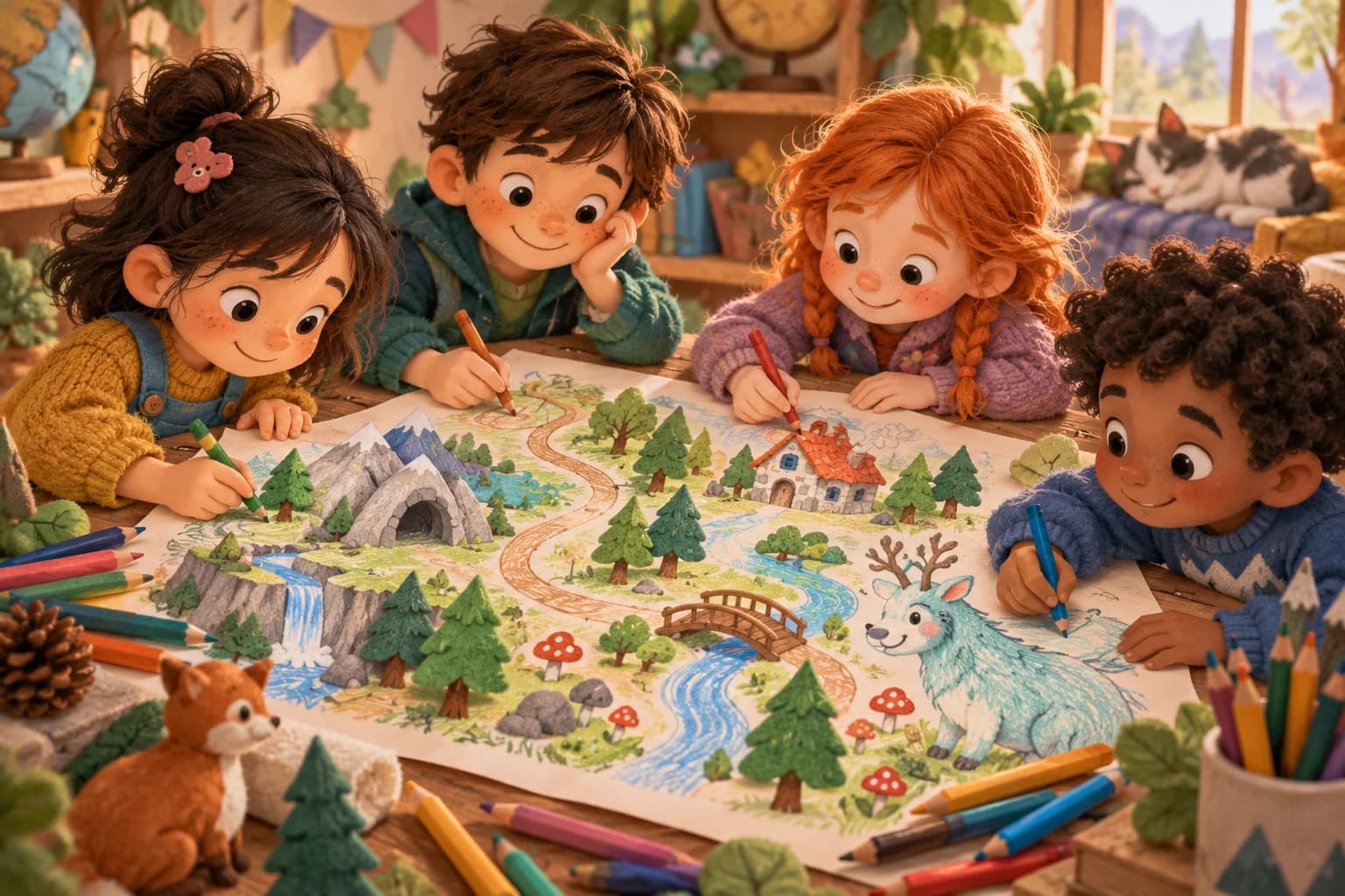 Des enfants créent ensemble un grand dessin d’aventure avec des crayons colorés