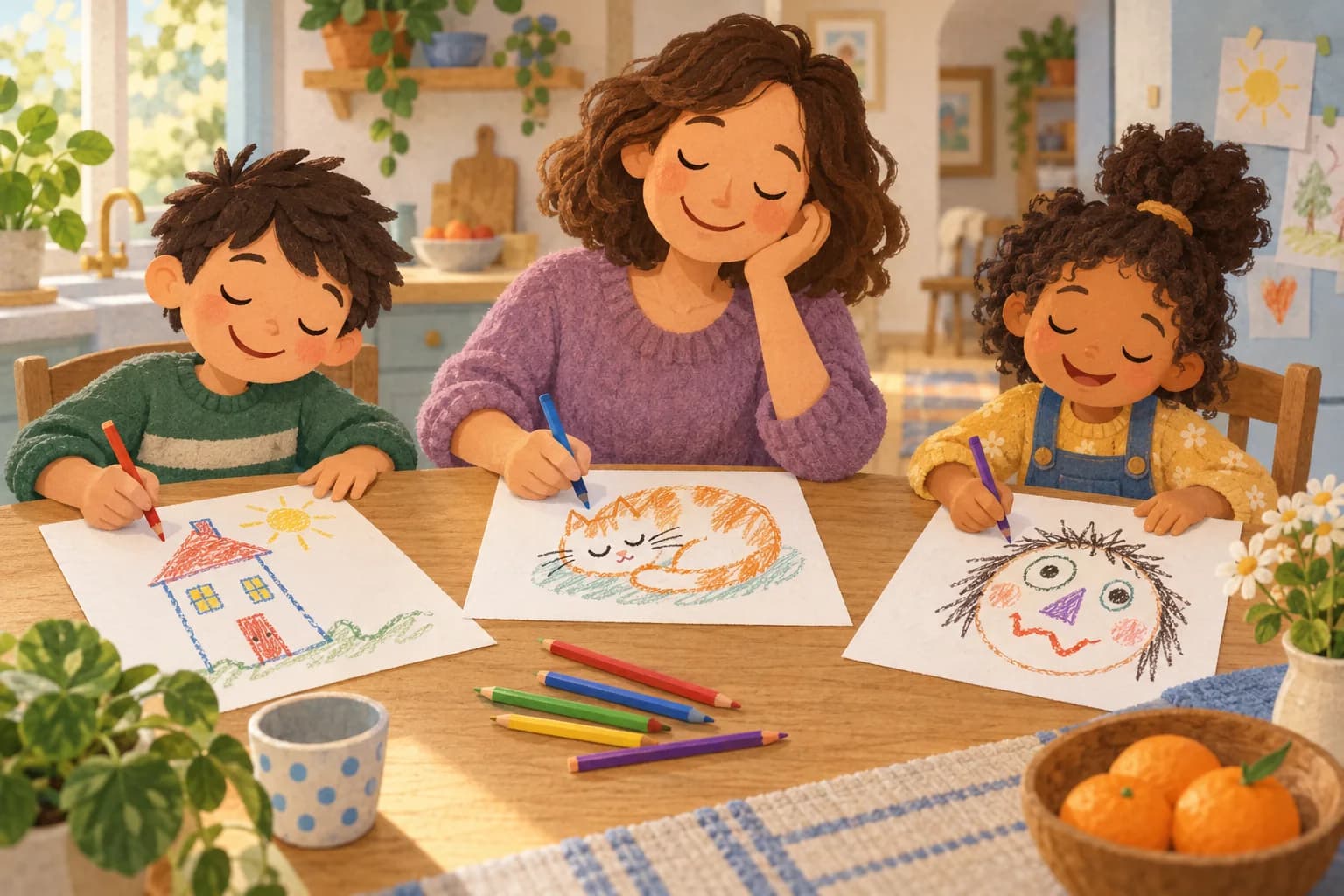 Deux enfants et un parent dessinent les yeux fermés autour d’une table, avec des résultats amusants.