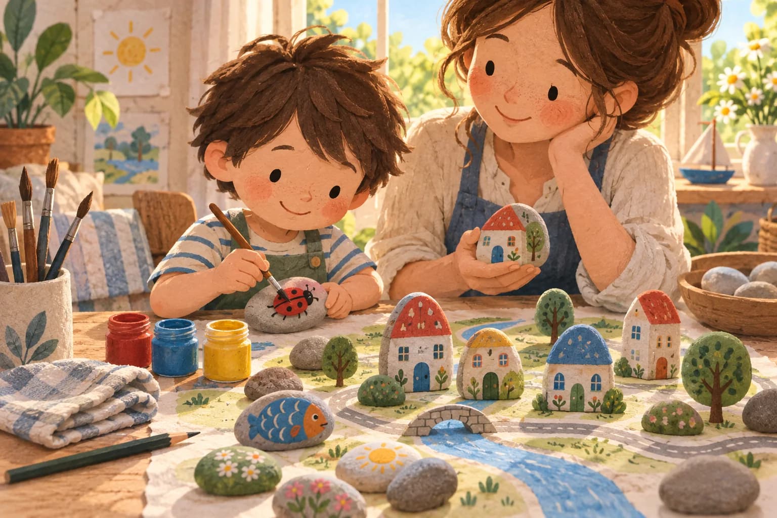 Un enfant et un parent peignent des galets en animaux et en maisons pour créer un petit village.