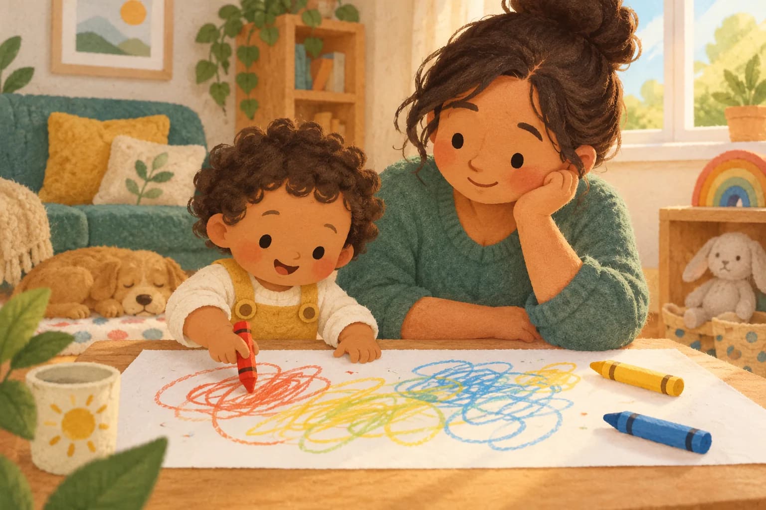 Un tout-petit et son parent tracent librement des lignes colorées sur une grande feuille partagée.