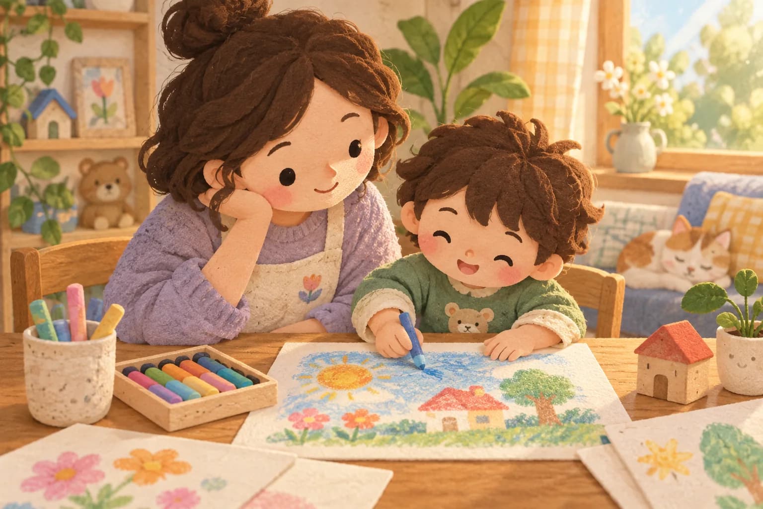 Un parent et un enfant dessinent ensemble au pastel gras sur une table