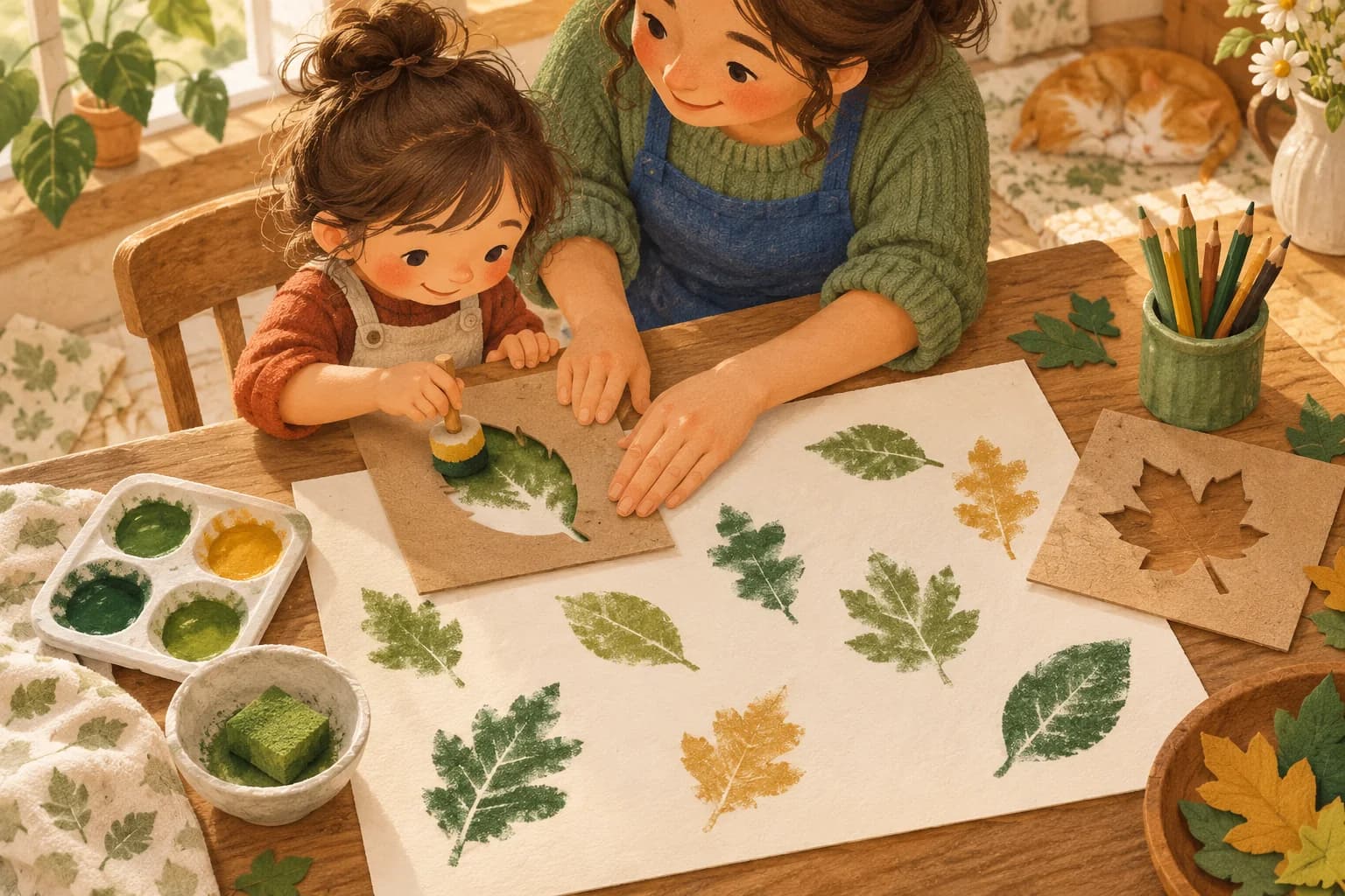 Un enfant et un adulte décorent une feuille de papier avec un pochoir de feuille d’arbre et une éponge.