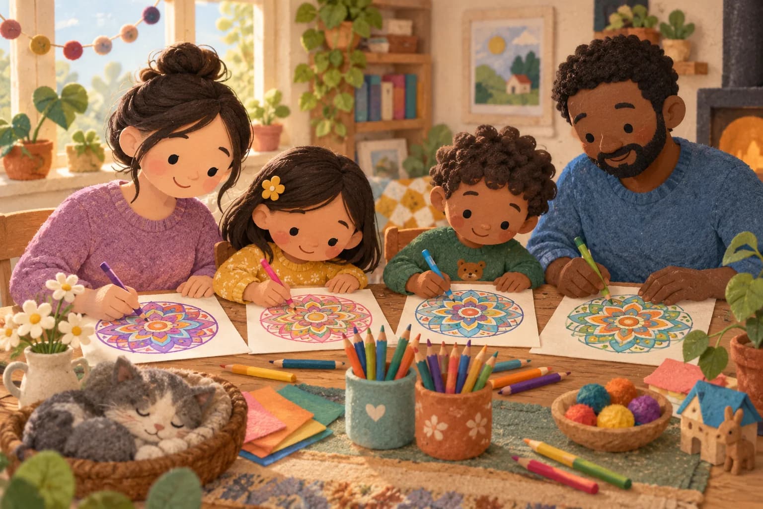 Une famille colorie des mandalas autour d’une table dans une ambiance calme