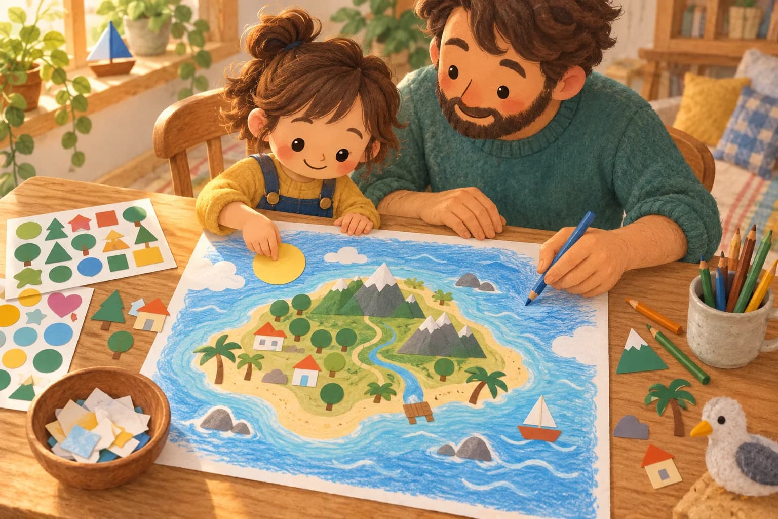 Un enfant et un parent créent une île imaginaire avec des crayons de couleur et des gommettes géométriques.