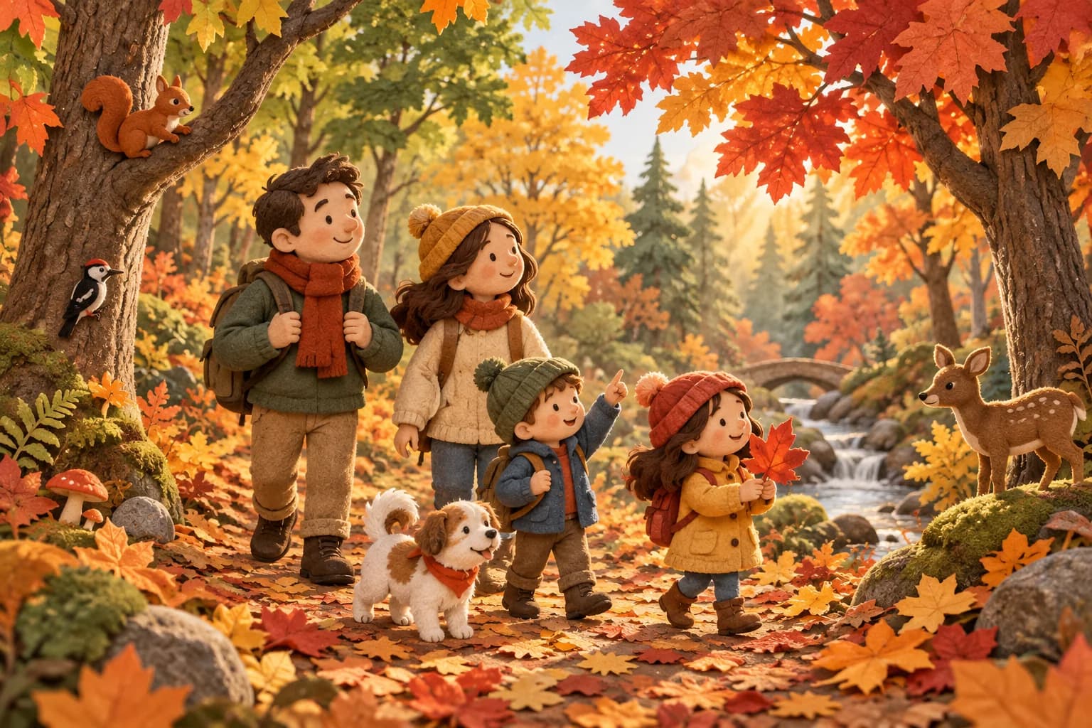 Une famille observe des arbres aux feuilles vertes, jaunes, orange, rouges et brunes en automne