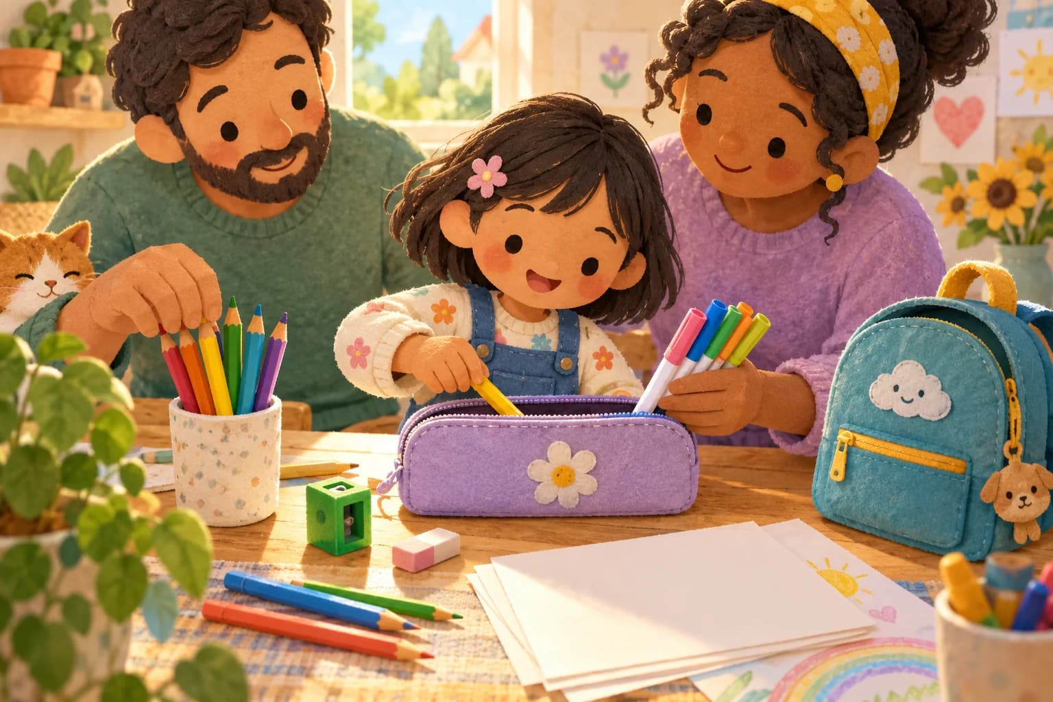 Un enfant et un parent préparent une trousse remplie de crayons et de feutres pour la rentrée