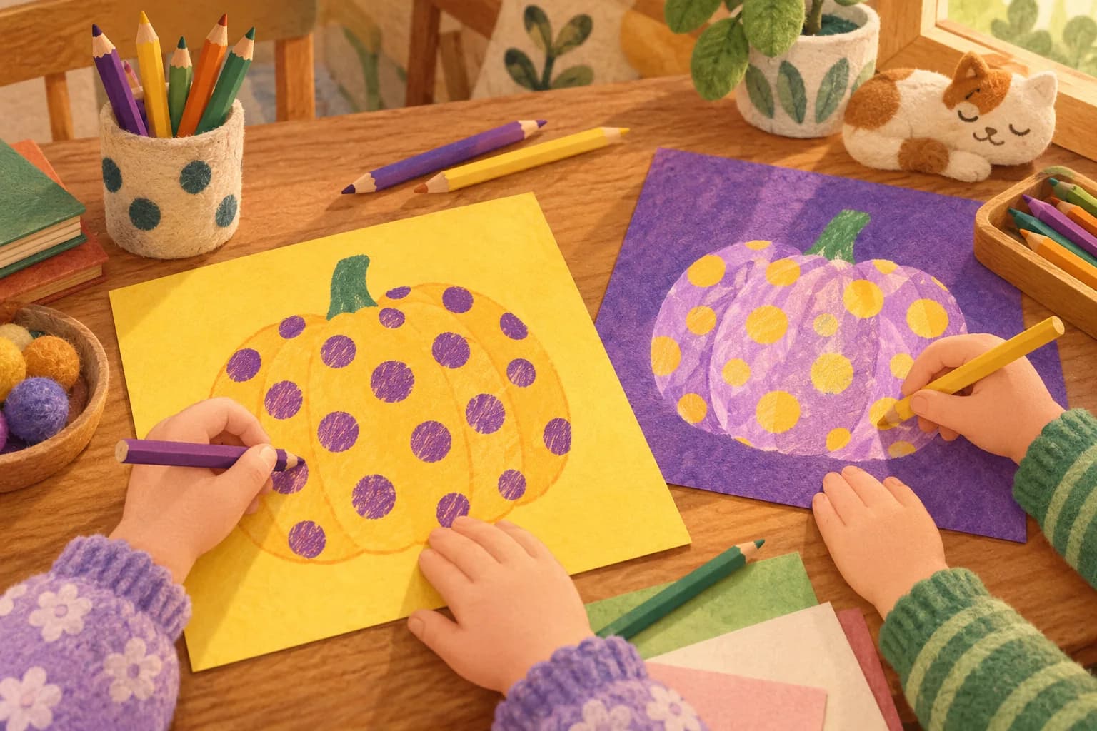 Des mains d’enfants dessinent des citrouilles à pois jaunes et violets autour d’une table.