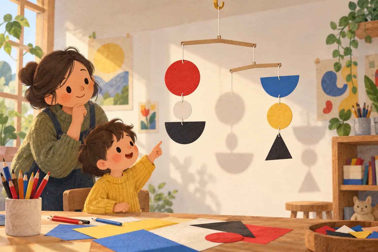 Un enfant et un adulte observent un mobile équilibré composé de formes en papier coloré.