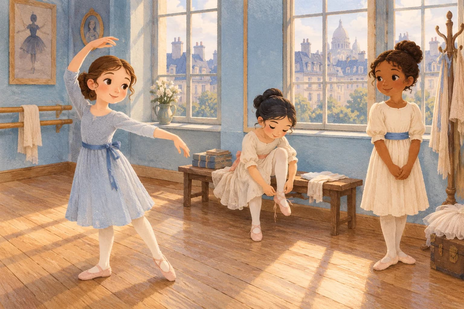 Trois jeunes danseuses répètent, ajustent un chausson ou se reposent dans une salle lumineuse au parquet de bois.