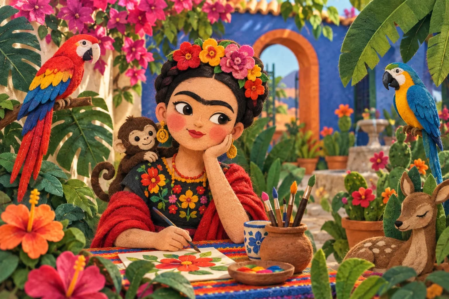 Illustration colorée de Frida Kahlo dans un jardin avec des fleurs, des animaux et des pinceaux