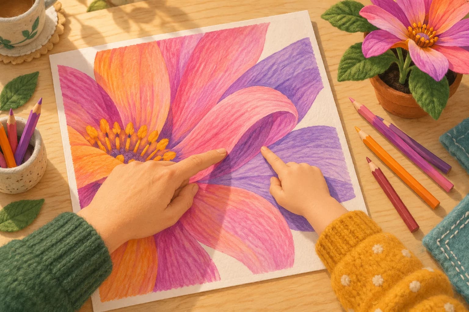 Sur une table, des mains d’adulte et d’enfant observent un dessin de fleur en gros plan entouré de crayons de couleur.