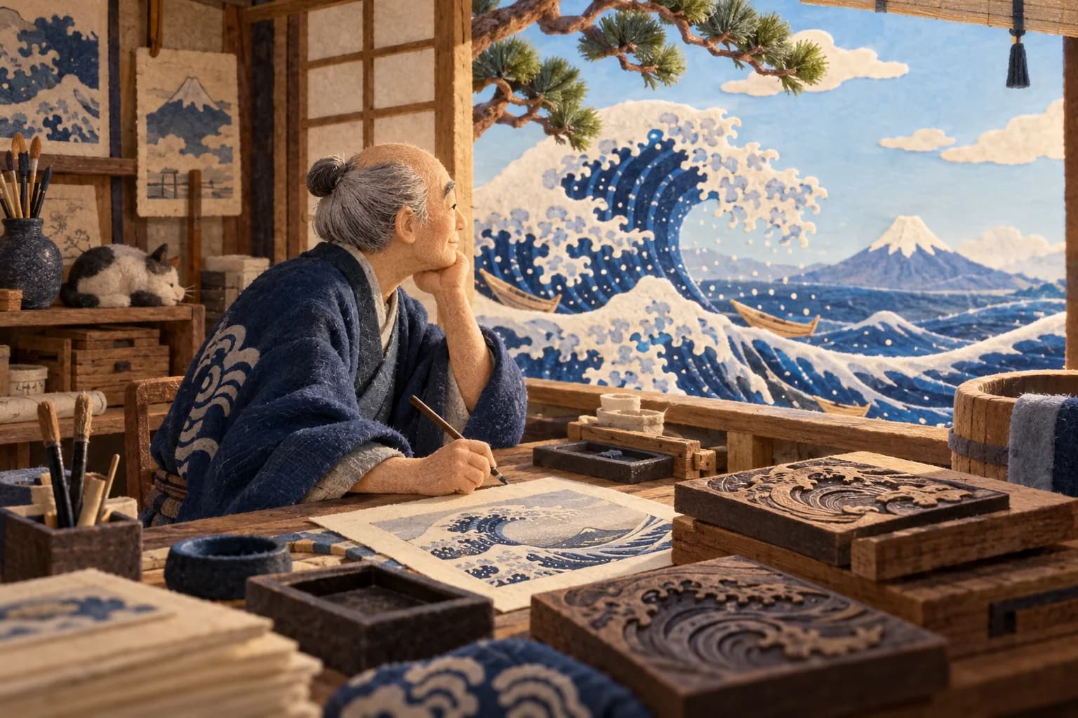 Hokusai observe une grande vague dans son atelier, avec le mont Fuji au loin