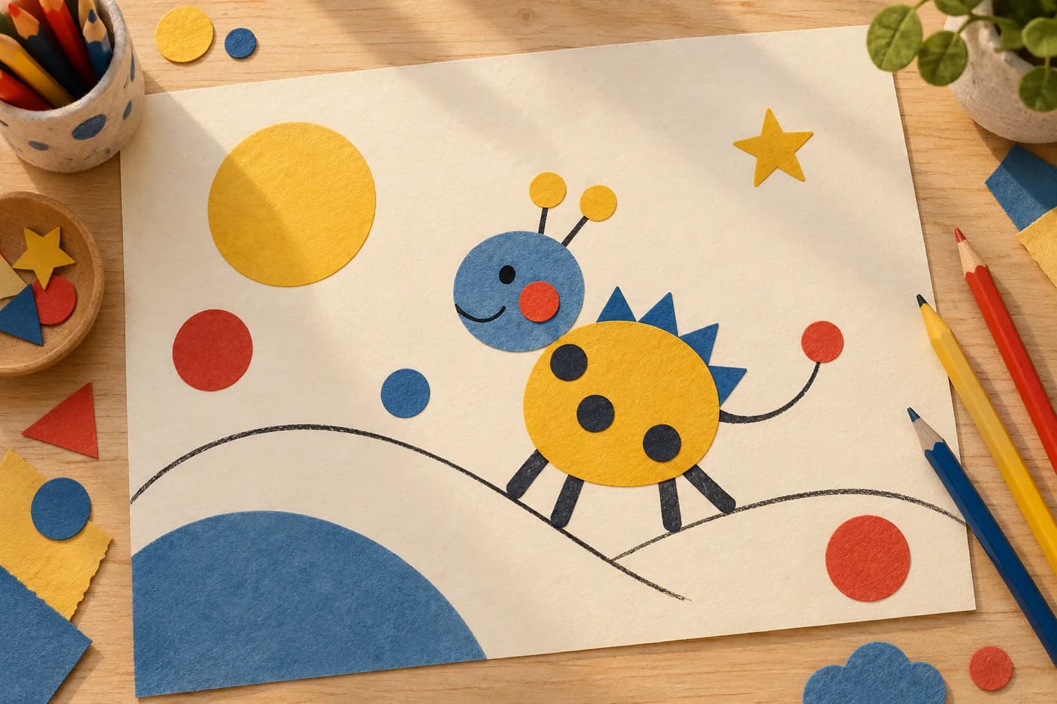 Une feuille avec des formes colorées, des lignes noires et une créature inventée, entourée de crayons.