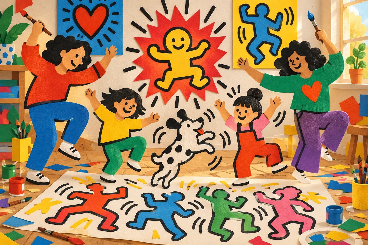 Des personnages colorés dansent autour d'une grande feuille avec des lignes de mouvement