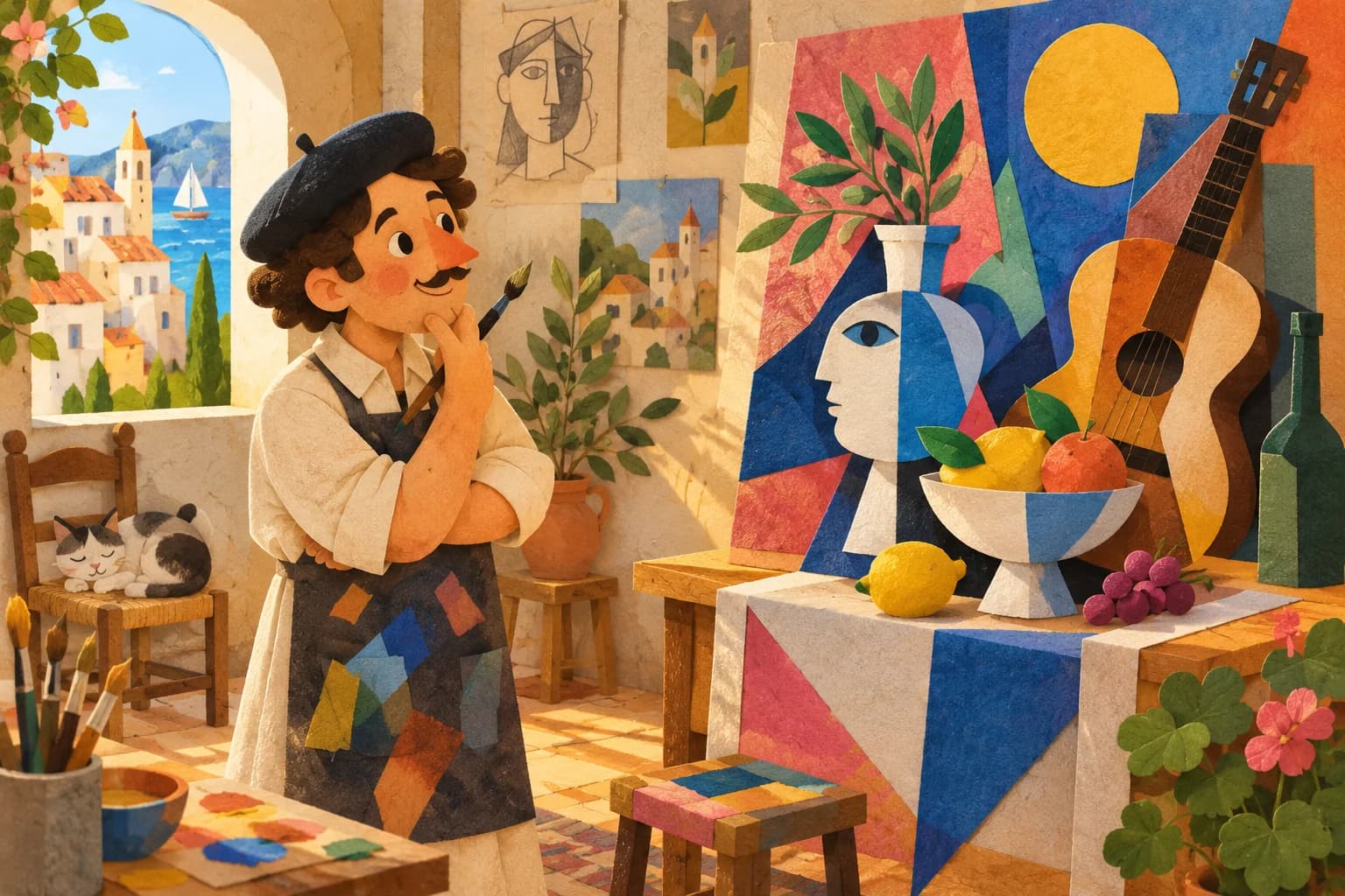 Illustration colorée d’un artiste dans son atelier devant une nature morte aux formes géométriques