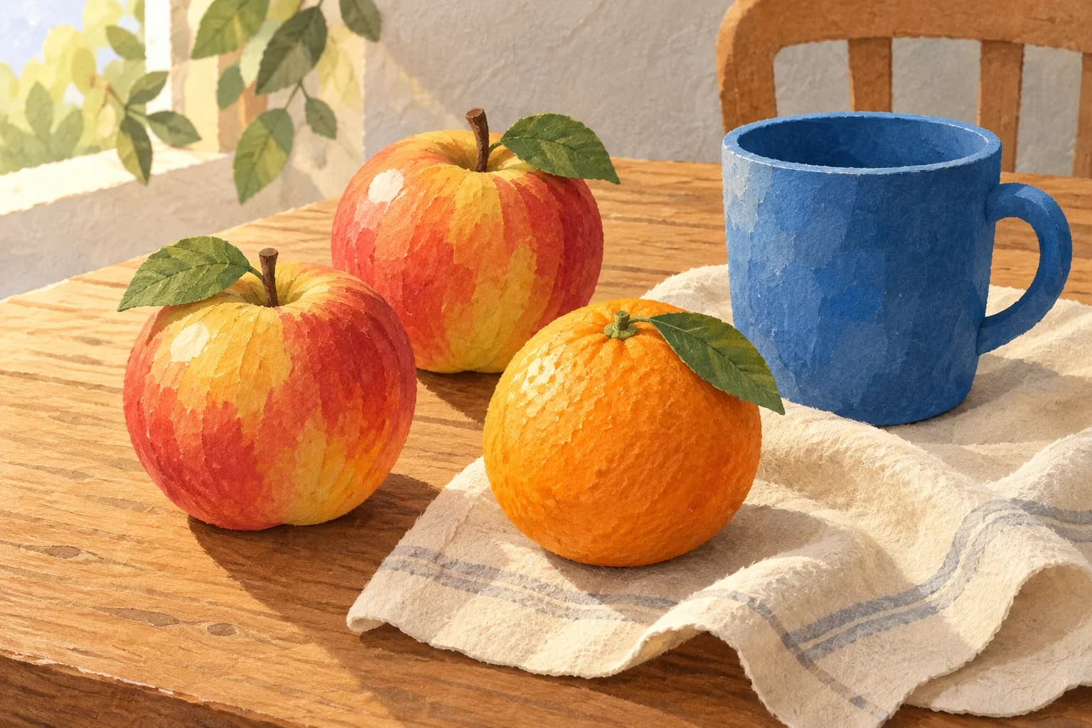 Deux pommes, une orange et un gobelet bleu sur un tissu clair, avec des touches de couleur qui soulignent leur volume.