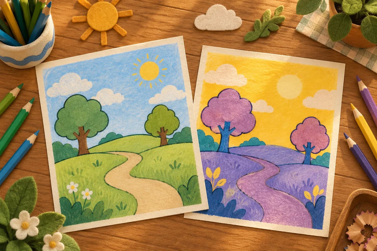 Deux dessins du même paysage, l’un aux couleurs naturelles et l’autre avec un ciel jaune et un chemin violet.