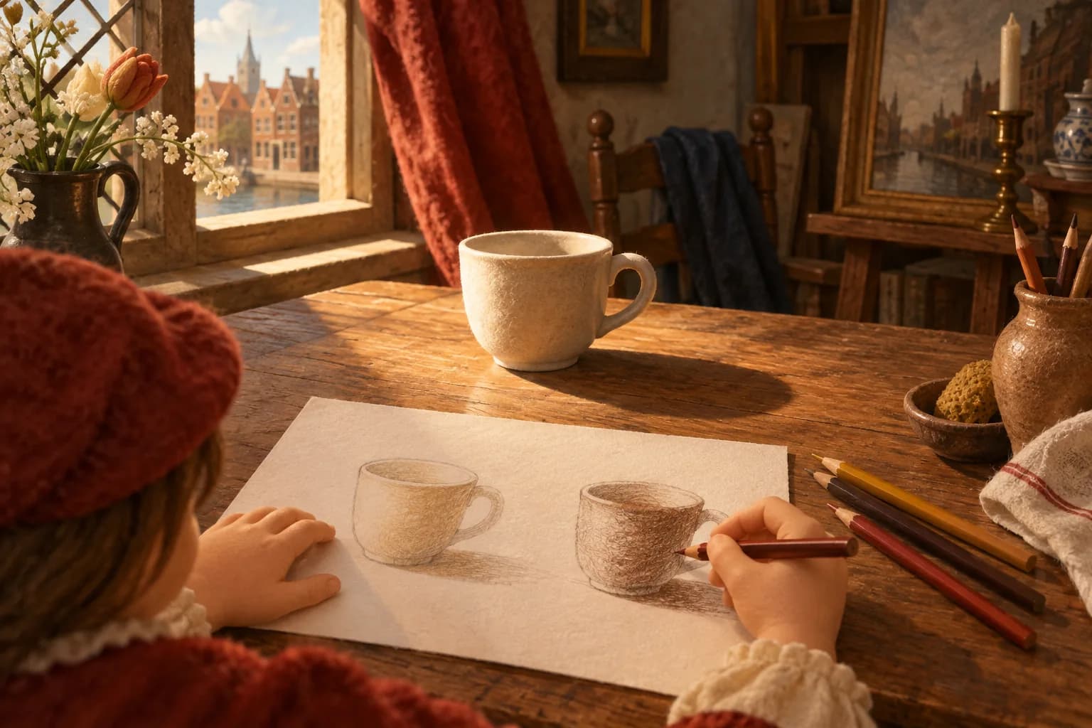 Une tasse éclairée de côté près d’une fenêtre et des mains d’enfant dessinant ses zones de lumière et d’ombre.