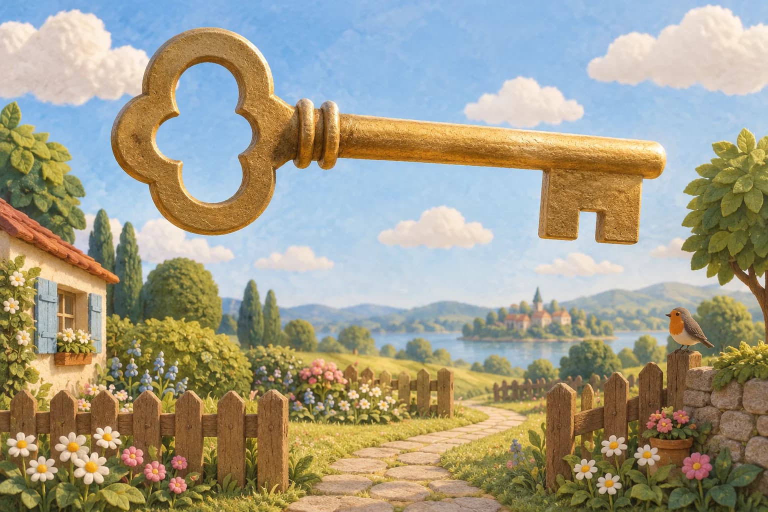 Une clé géante flotte au-dessus d’un petit jardin fleuri, dans une scène imaginaire.