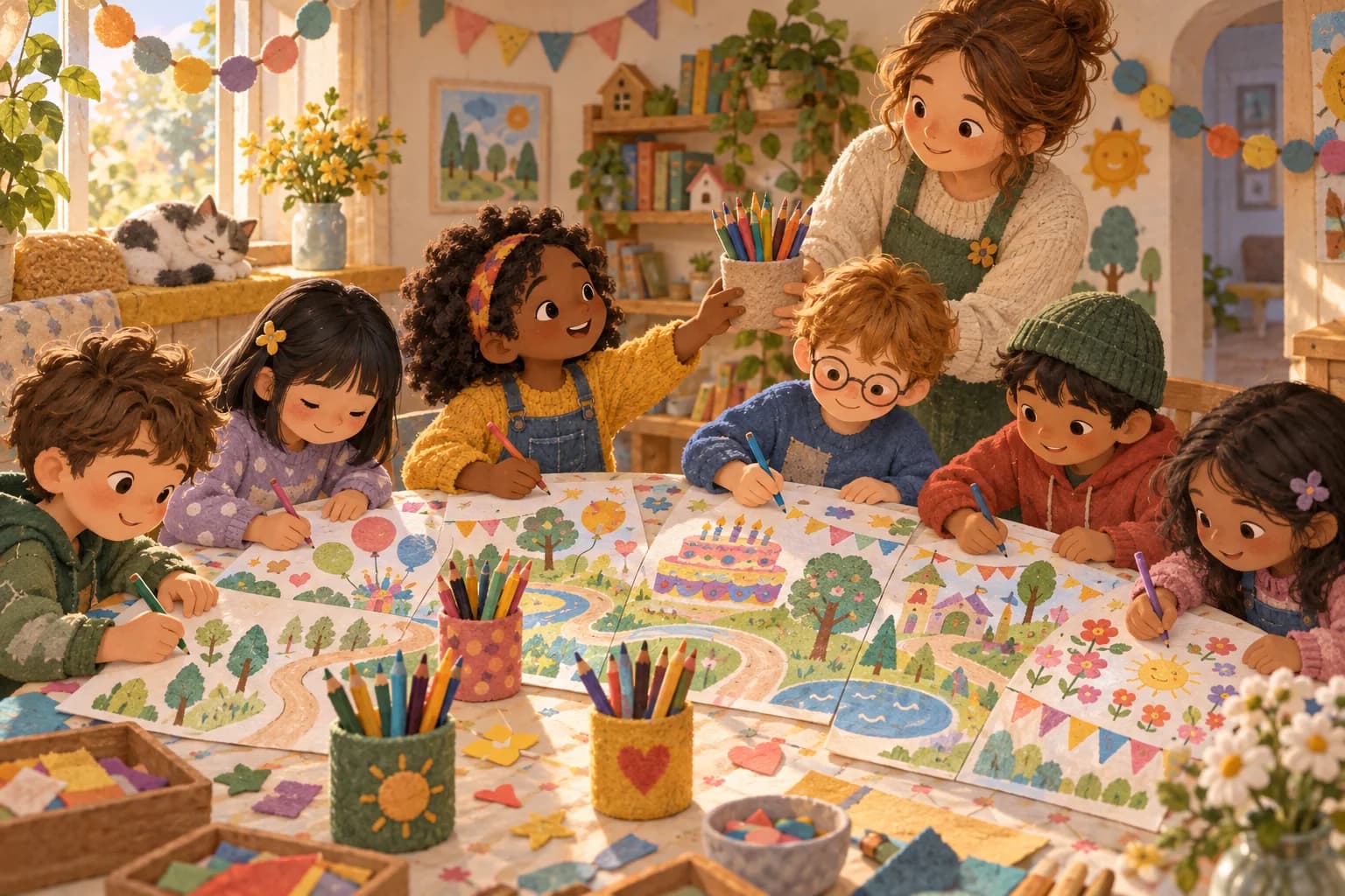 Des enfants réunis autour d’une table dessinent un décor de fête collectif avec des crayons de couleur.