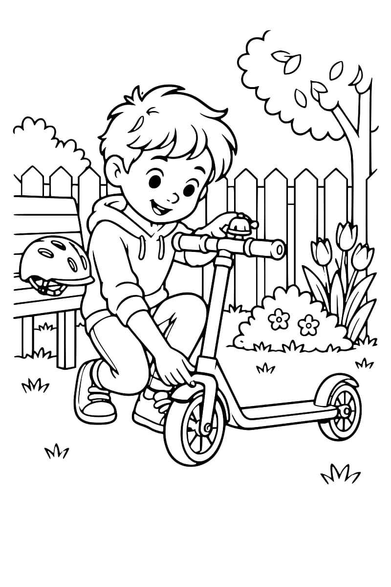 Illustration en noir et blanc d’un enfant souriant tenant une trottinette dans un jardin clôturé, avec un casque sur un banc, des fleurs et des arbres.