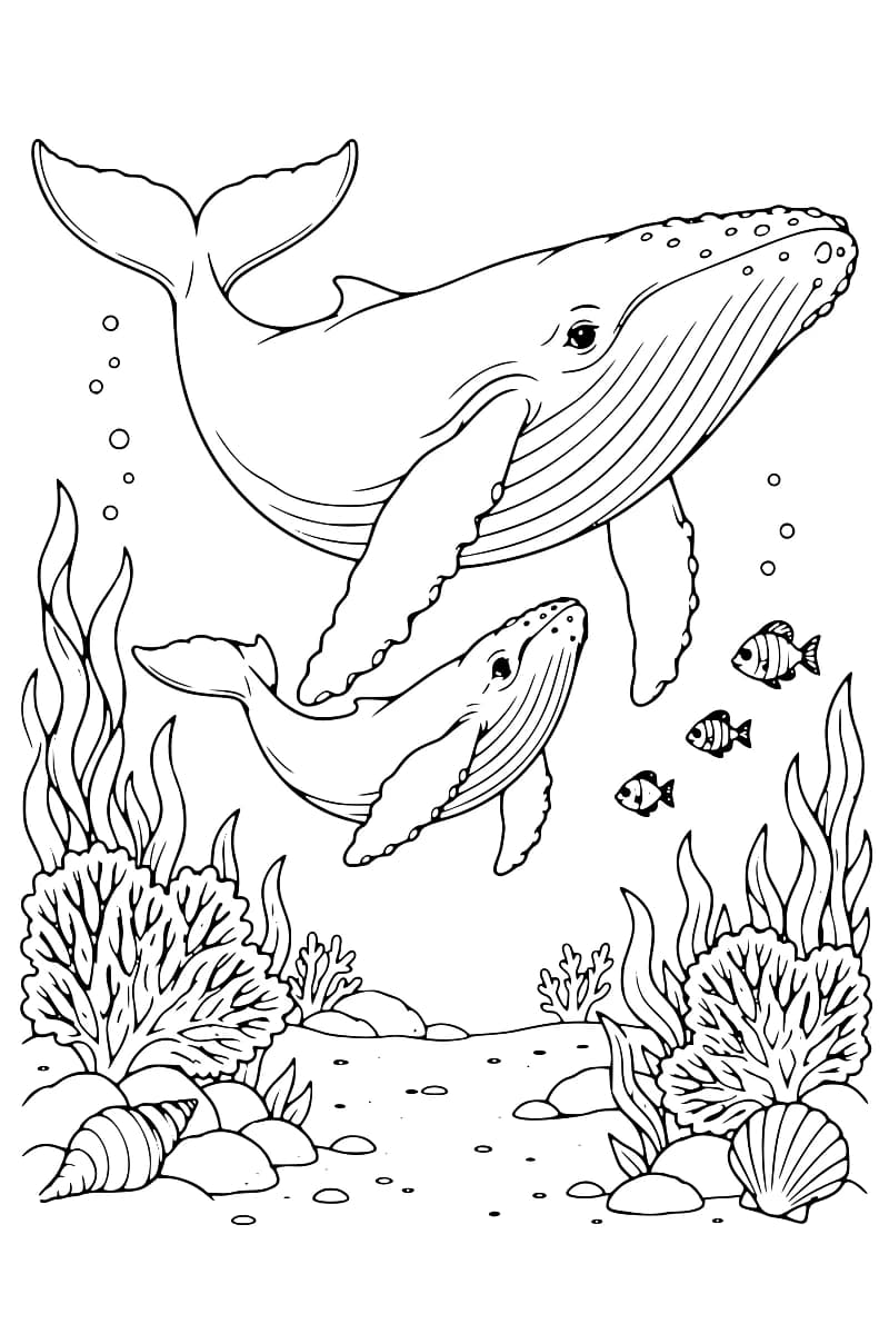 Dessin en noir et blanc d’une grande baleine à bosse et d’un baleineau en dessous, avec trois petits poissons à droite, des bulles et un fond marin couvert de rochers, d’algues, de coraux et de coquillages.