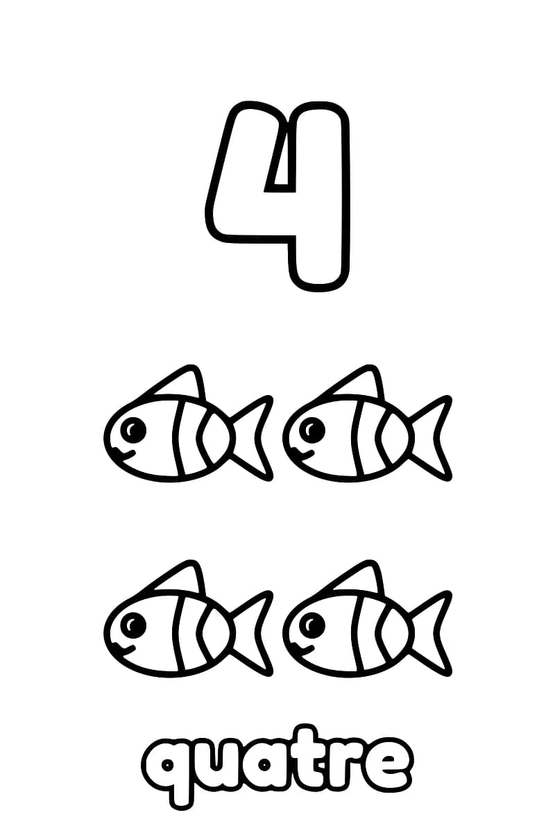 Dessin en noir et blanc montrant un grand chiffre 4 en haut, quatre poissons plus bas, puis le mot « quatre ».