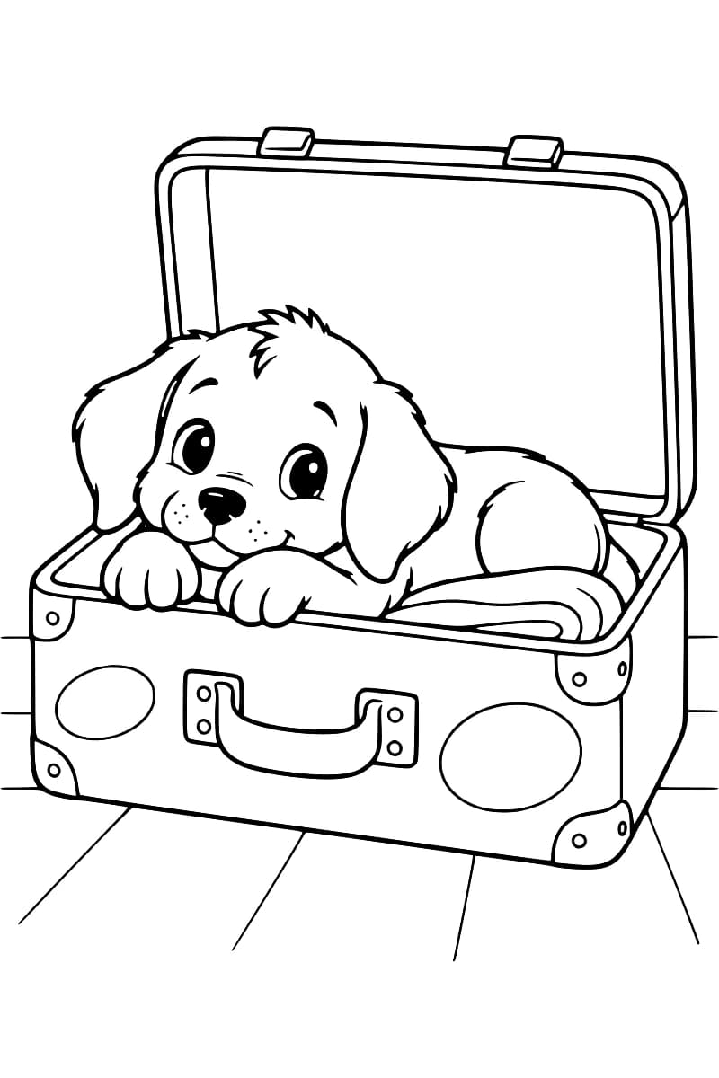 Dessin en noir et blanc d’un chiot aux oreilles tombantes, couché sur une couverture dans une valise ouverte posée sur un sol à lattes.