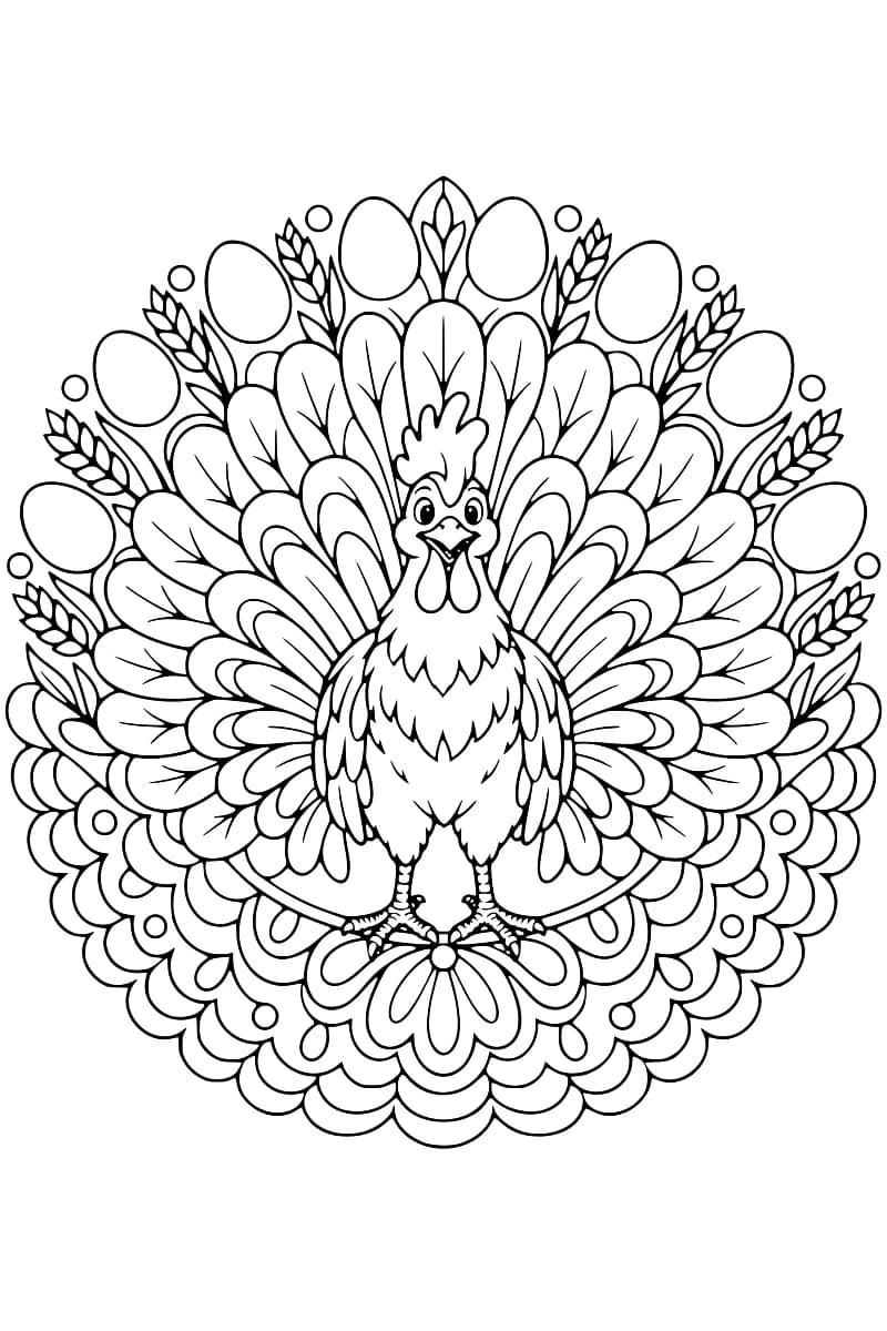 Dessin à colorier en noir et blanc représentant un coq de face, entouré de motifs en éventail mêlant plumes, feuilles, épis et ovales, avec des pétales et des arcs arrondis dans la partie inférieure.
