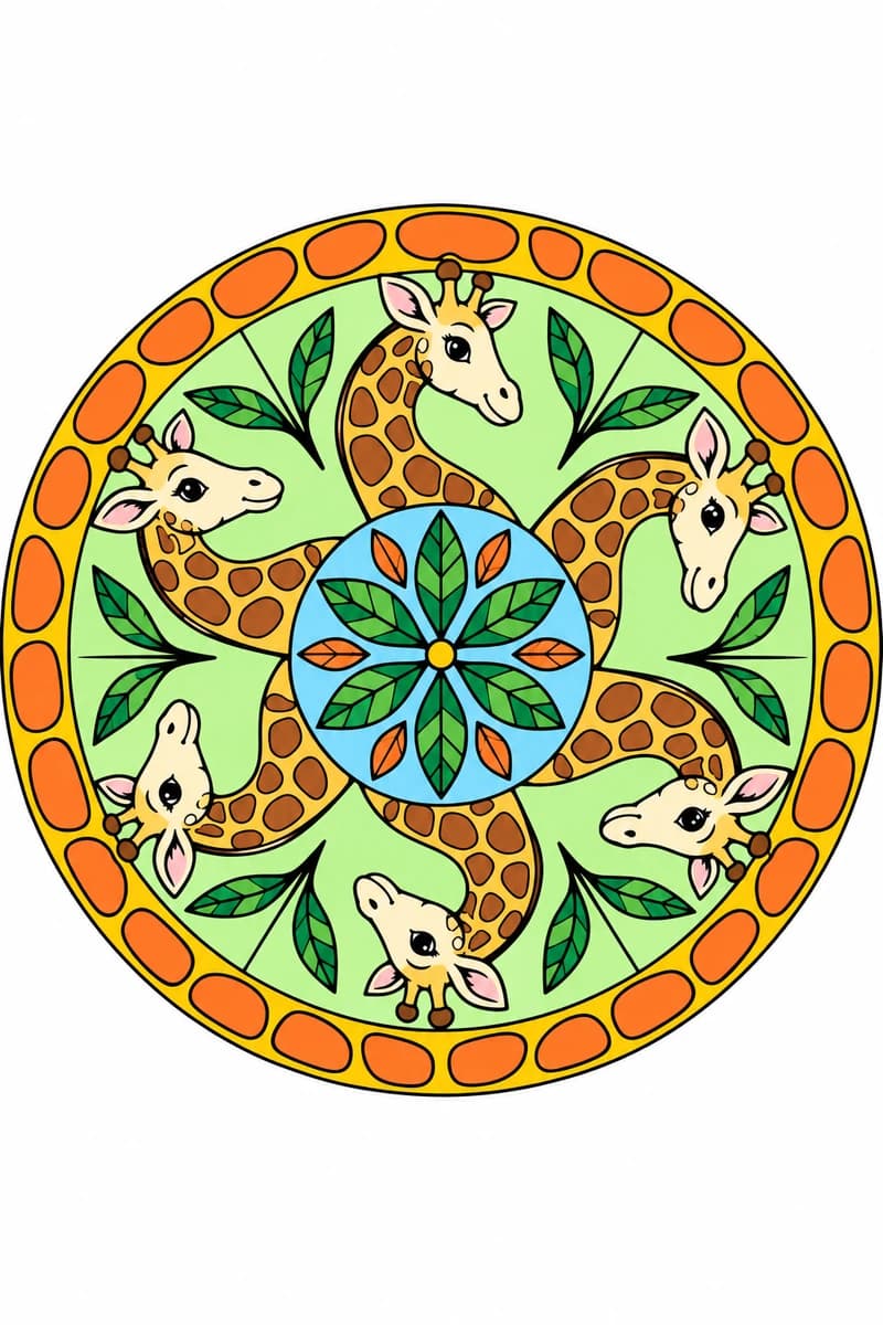 Dessin circulaire en noir et blanc de six girafes aux cous tachetés, disposées autour d’une rosace de feuilles, avec des rameaux entre elles et une bordure de formes arrondies. (exemple colorié)