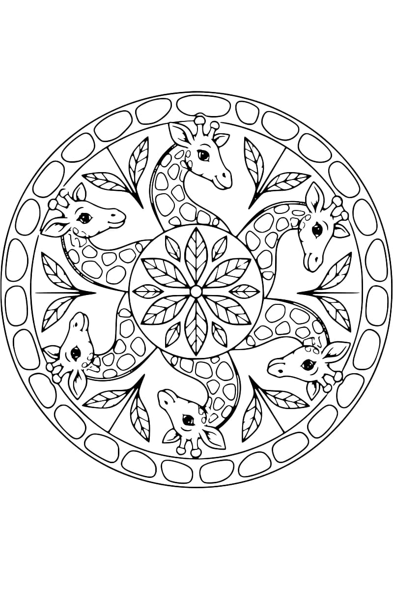 Dessin circulaire en noir et blanc de six girafes aux cous tachetés, disposées autour d’une rosace de feuilles, avec des rameaux entre elles et une bordure de formes arrondies.